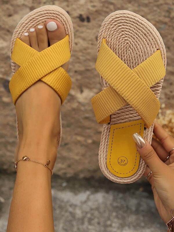 Women's Solid Color Comfy Sandals, Slip On Cross Bands Lightweight Summer Slides, Vacation Non-Slip Beach Slides In Holiday