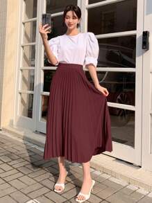 DAZY Falda midi plisada de unicolor para mujer para primavera/verano, con volantes, ropa de vuelta al colegio