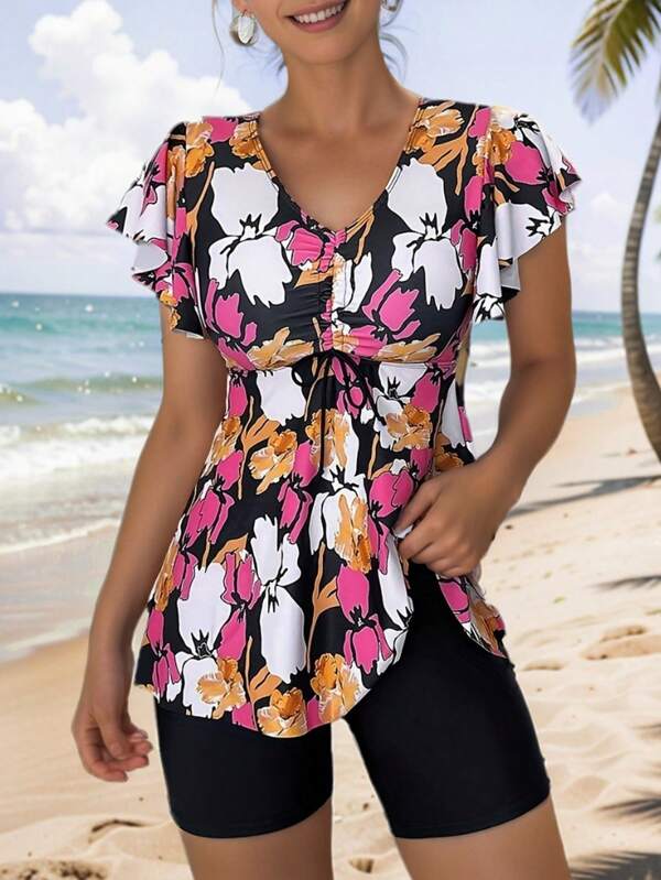 Swim Lushoire Summer Beach Women's Ruffle Sleeve Floral Print Top And Solid Color Swim Shorts