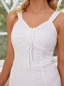 Aveloria Women's Solid Color French Romantic Girly Bow Tie Front Ruffle Hem Embroidery Dress - White - View 4