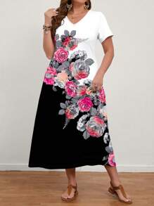 EMERY ROSE Đầm tay ngắn cổ chữ V in hoa thường ngày cỡ lớn dành cho nữ, phù hợp cho mùa hè - Đen và trắng - Xem 5