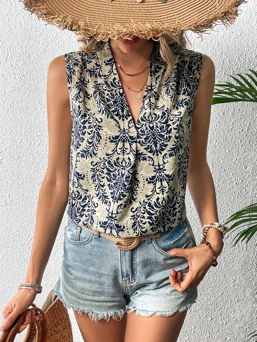 SHEIN LUNE Áo không tay cổ chữ V in họa tiết mùa hè thông thường - Màu xanh lam - Xem 1