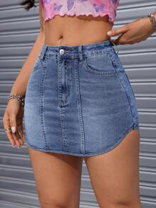 SHEIN EZwear Jupe en denim avec poches et boutons unicolore