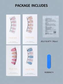 4套（96件）壓花假指甲長杏仁形淺色法式亞克力指甲，含4件果凍膠和4片指甲沙，適合女性和女孩在夏季日常使用的指甲用品 - 彩色 - 查看 3