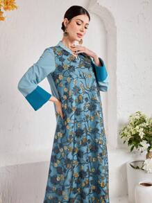 Al Najma Women's Glitter Embroidery Patchwork Notched Dress With Slit Kaftan Jalabiya Dress - Blue - View 4