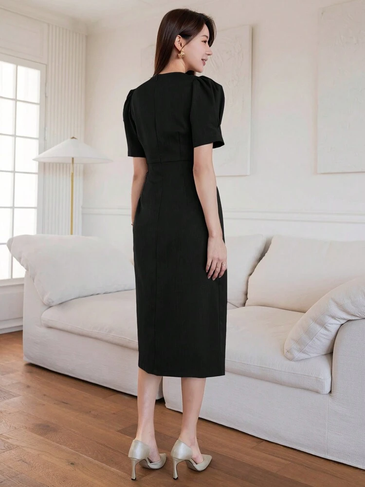 Women Solid Color Bubble Sleeve Tie Waist Dress For Spring/Summer Sundress Cocktail Dress