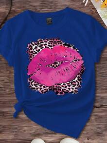 SHEIN LUNE Kích thước lớn Báo Mô hình Dấu môi Giải trí Của phụ nữ Ngắn tay Áo thun - màu xanh lá - Xem 1