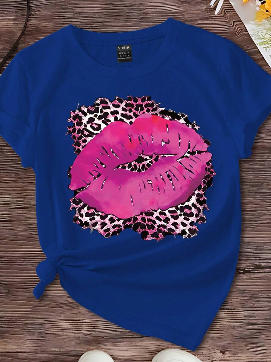 SHEIN LUNE Kích thước lớn Báo Mô hình Dấu môi Giải trí Của phụ nữ Ngắn tay Áo thun - màu xanh lá - Xem 1