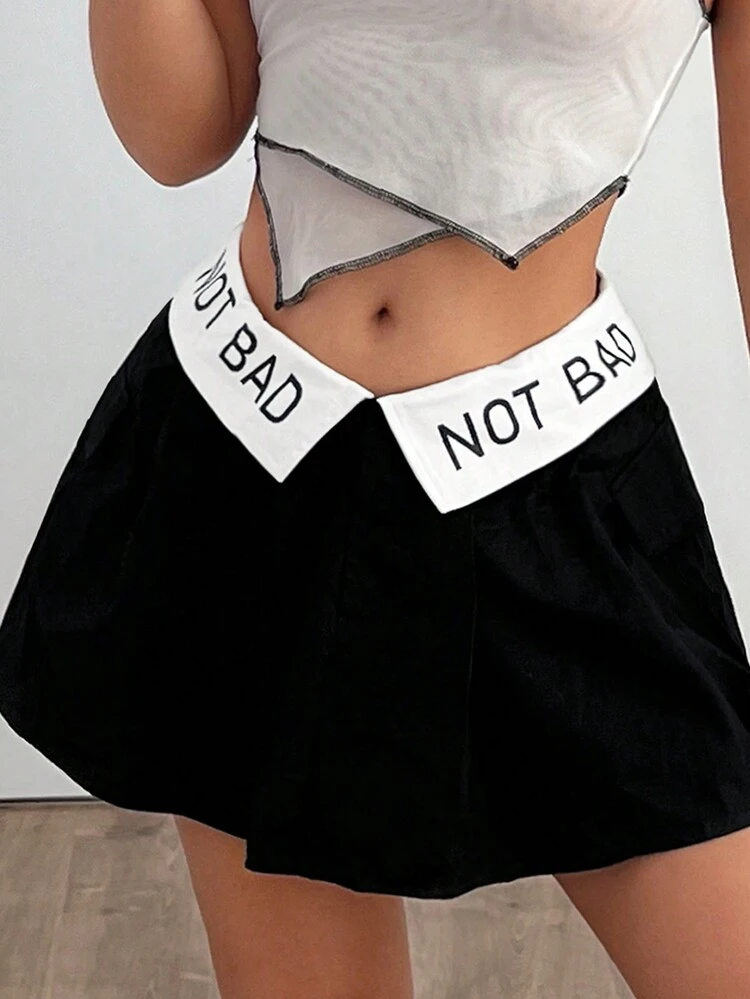 Women's Y2k Gorpcore Spring Outfits Summer Going Out Color Block Letter Print Fold-Over Low Waist Pleated Mini Skirt