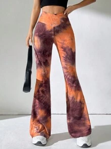 SHEIN EZwear Women's Spring And Autumn Tie Dyeing Flared Pants With V-Shaped Waistband