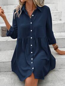 SHEIN Frenchy Ladies Solid Color Minimalist Shirt Dress With Front Buttons Winter Blue - Navy Blue - View 5
