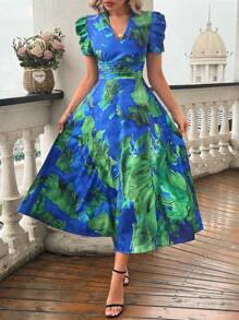SHEIN Clasi Women's Summer V-Neck Tropical Plant Print Short Puff Sleeve Long Dress Maxi Women Outfit