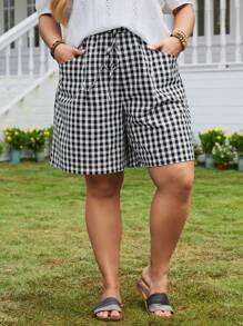 EMERY ROSE Quần short vải lanh gingham kẻ caro đen trắng mùa hè cỡ lớn cho nữ, túi đôi Ngày của Mẹ - Đen và trắng - Xem 5