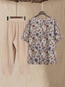 Rusticease Conjunto de dos piezas Primavera y Verano de talla grande con Top estampado floral y pantalones largos unicolor - Multicolor - Ver 2