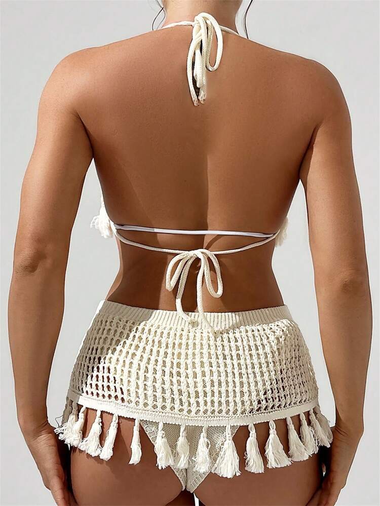 Summer Casual Holiday Hollow Out Knitted Fringed Tassel Hem Halter Top And Skirt Cover Up