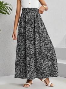 SHEIN 女童休閒、寬鬆、度假風格編織印花裙 - 黑色 - 查看 1