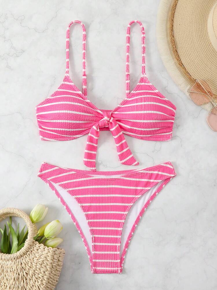 Women's Striped Printed Bralette And Bikini Bottom Set, Suitable For Pool,Summer Beach