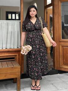 Dazy Petite Plus Plus Size Floral Printed Vacation Style Dress With Patchwork Lace Hem And Slit - Black - View 1