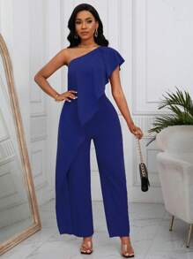 SHEIN Clasi Mono de pierna ancha con hombros asimétricos y volantes de unicolor de moda de verano para mujeres