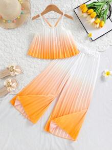 SHEIN Conjunto de pantalones anchos y camisola de estilo dulce de color degradado de verano para niña joven