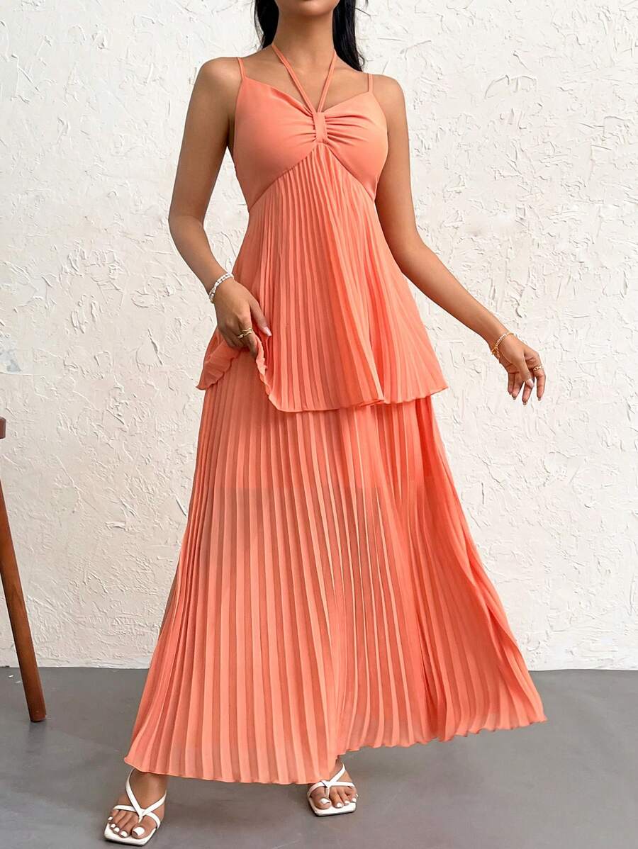 SHEIN Privé 女士夏日假日優雅清爽雪紡褶裙蛋糕吊領連身裙 - 藕粉色 - 查看 1