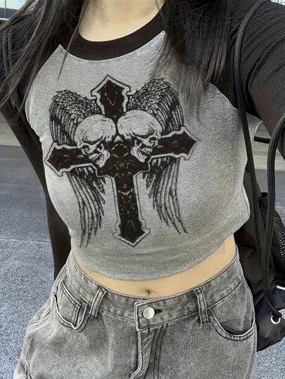INAWLY 骷髅十字架印花长袖露脐修身T恤，女士春季上衣