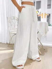 SHEIN EZwear White Woven Women's Wide Leg Pants - White - View 6