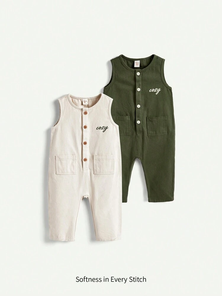 Baby Boys' Letter Printed Sleeveless Jumpsuit With Round Neckline