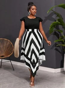 Maweii 大尺碼女士夏季圓領短袖條紋拼接擺中長裙 - 黑色 - 查看 1