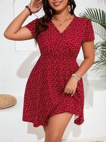 SHEIN Frenchy 加大尺碼夏季休閒拼接波點印花A字裙 - 紅色 - 查看 1