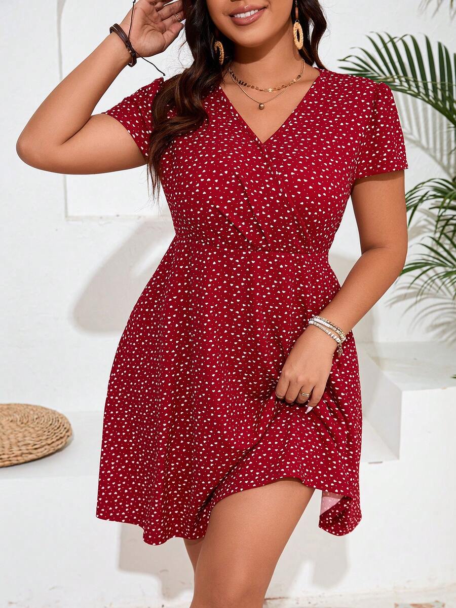 SHEIN Frenchy 加大尺碼夏季休閒拼接波點印花A字裙 - 紅色 - 查看 1