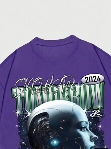 ROMWE MEN Street Life Men AI Intelligent Character Print Short Sleeve Set, 2pcs, Summer - Multicolor - View 4