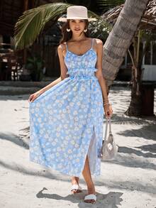 GENKIRA Random Floral Print Split Hem Frill Trimmed Embellished Spaghetti Strap Dress - Multicolor - View 7