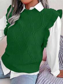 SHEIN Clasi Plus Size Women's Round Neck Flutter Sleeve Sweater Vest For Spring And Autumn - Army Green - View 3