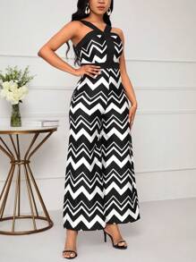 SHEIN Lady Women Summer Wide-Leg Wave Striped Printed Halter Jumpsuit With Neck Strap