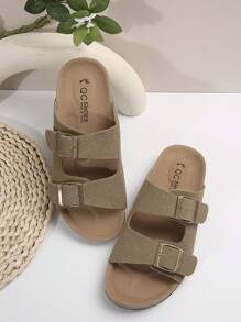 女性夏季簡約舒適開放後背假扣鬆糕底黑色涼鞋