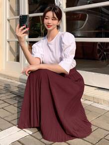 DAZY Falda midi plisada de unicolor para mujer para primavera/verano, con volantes, ropa de vuelta al colegio