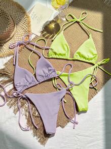 SHEIN Swim 2套純色露背頸掛式側系綁帶二件式比基尼套裝，夏季海灘霓虹比基尼 - 彩色 - 查看 2