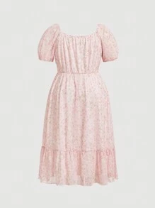 SHEIN MOD 大尺碼女性休閒泡袖花卉連衣裙，典雅淑女風格，夏季款 - 粉色 - 查看 2