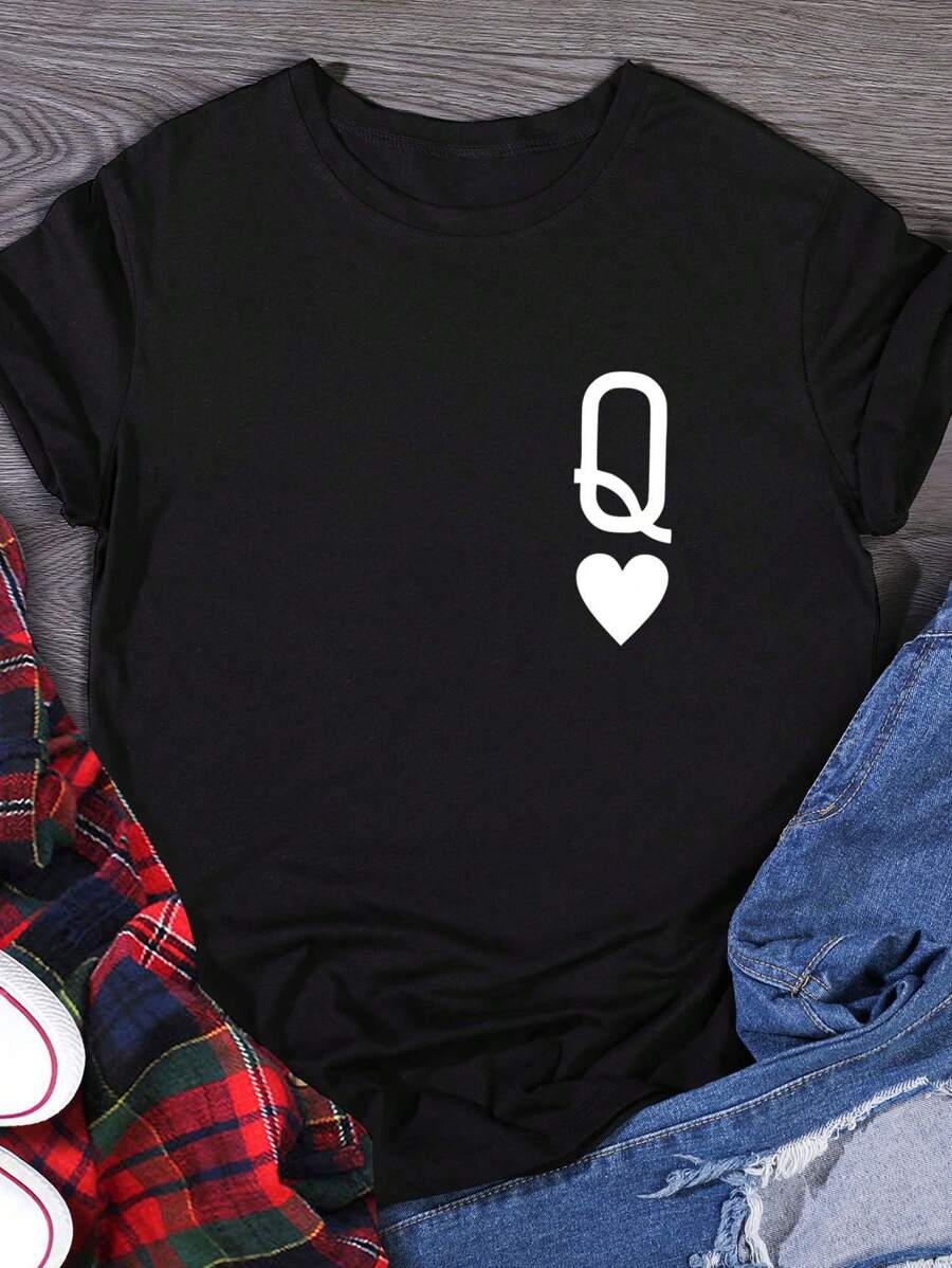 SHEIN LUNE Women's Summer Poker Print Round Neck Short Sleeve Casual T-Shirt Graphic Tees Women Tops - Black - View 1