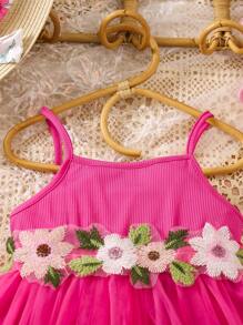 Glamorique Kids 年轻女孩婚礼季节拼接刺绣花卉网眼吊带连衣裙适合派对夏季 - 玫紅色 - 查看 3