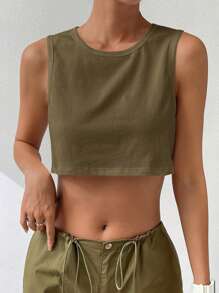 Muchica Áo crop top cổ tròn màu trơn mùa hè cho nữ - xanh quân đội - Xem 3