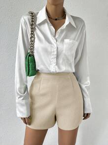 Chiquease Waffle Pleated Simple Casual Summer Straight Shorts - Khaki - View 3