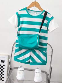 SHEIN Summer Round Neck Short Sleeve Casual T-Shirt And Shorts Two-Piece Set For Tween Boys