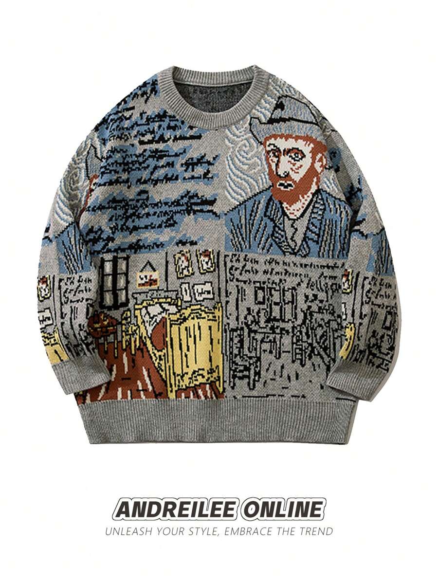 ANDREILEE 男士梵高画作灵感休闲街头风宽松圆领长袖毛衣 - 灰色 - 查看 1