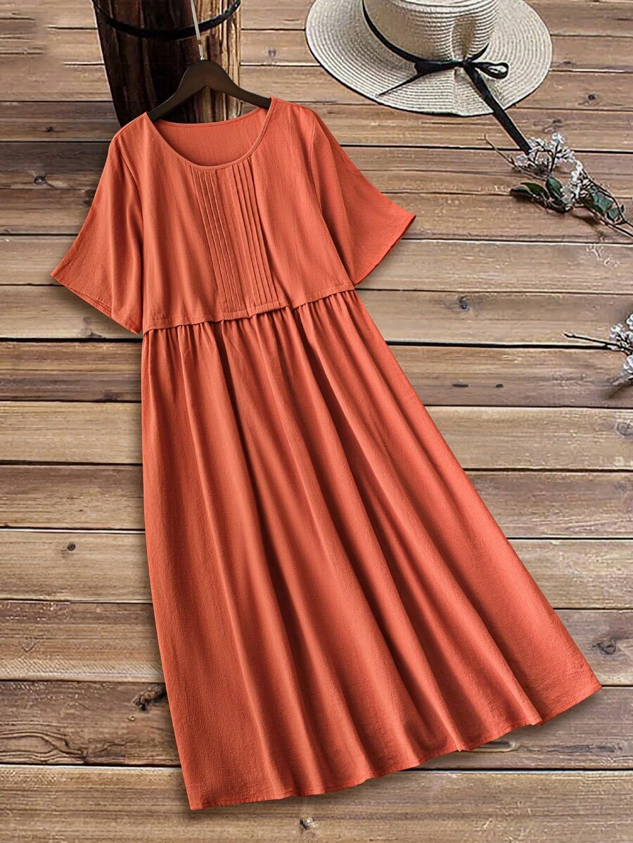 SHEIN LUNE 大尺碼女士條紋寬鬆短袖圓領夏季連衣裙 - 紅木色 - 查看 1