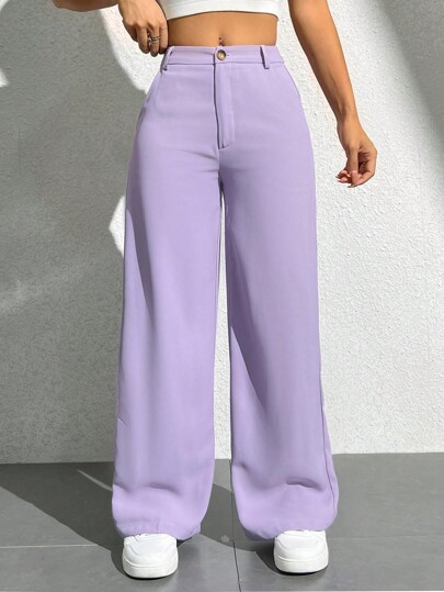 SHEIN PETITE Pantalones casuales de pierna recta de unicolor con bolsillos para mujeres
