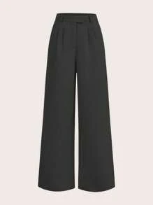 SHEIN Unity 女士休閒純色百褶長褲，適合春夏季 - 黑色 - 查看 1