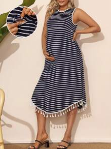 SHEIN 孕妇条纹无袖哺乳连衣裙，带流苏下摆，适合孕妇 - 藏蓝色 - 查看 1