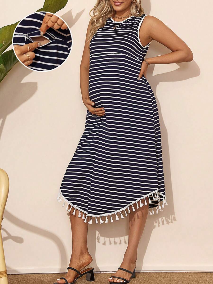 SHEIN 孕妇条纹无袖哺乳连衣裙，带流苏下摆，适合孕妇 - 藏蓝色 - 查看 1